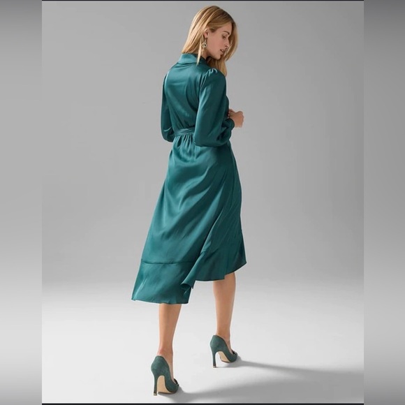 WHBM Long Sleeve Satin Ruffle Wrap Dress In Deep Mineral Green - Picture 2 of 6